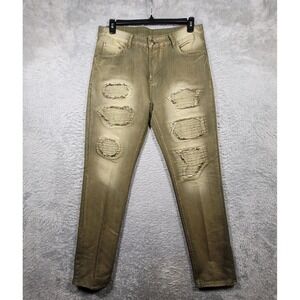 Distressed‎ Slim Jeans Mens 36 Olive Green Biker Moto Ribbed Patches *